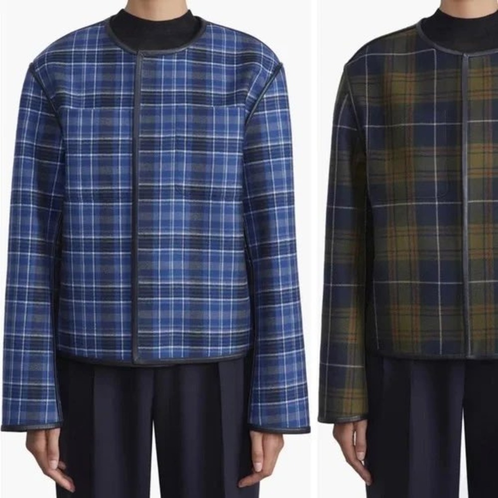 LAFAYETTE 148 Reversible Plaid Collarless Jacket Blue Olive Green‎
